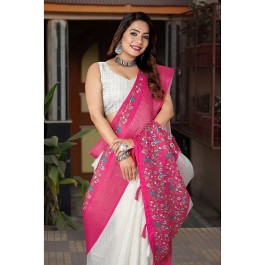Amfyn Women's Cotton Silk Printed Saree With Unstitched Blouse 5.5Mtr (White-Pink)