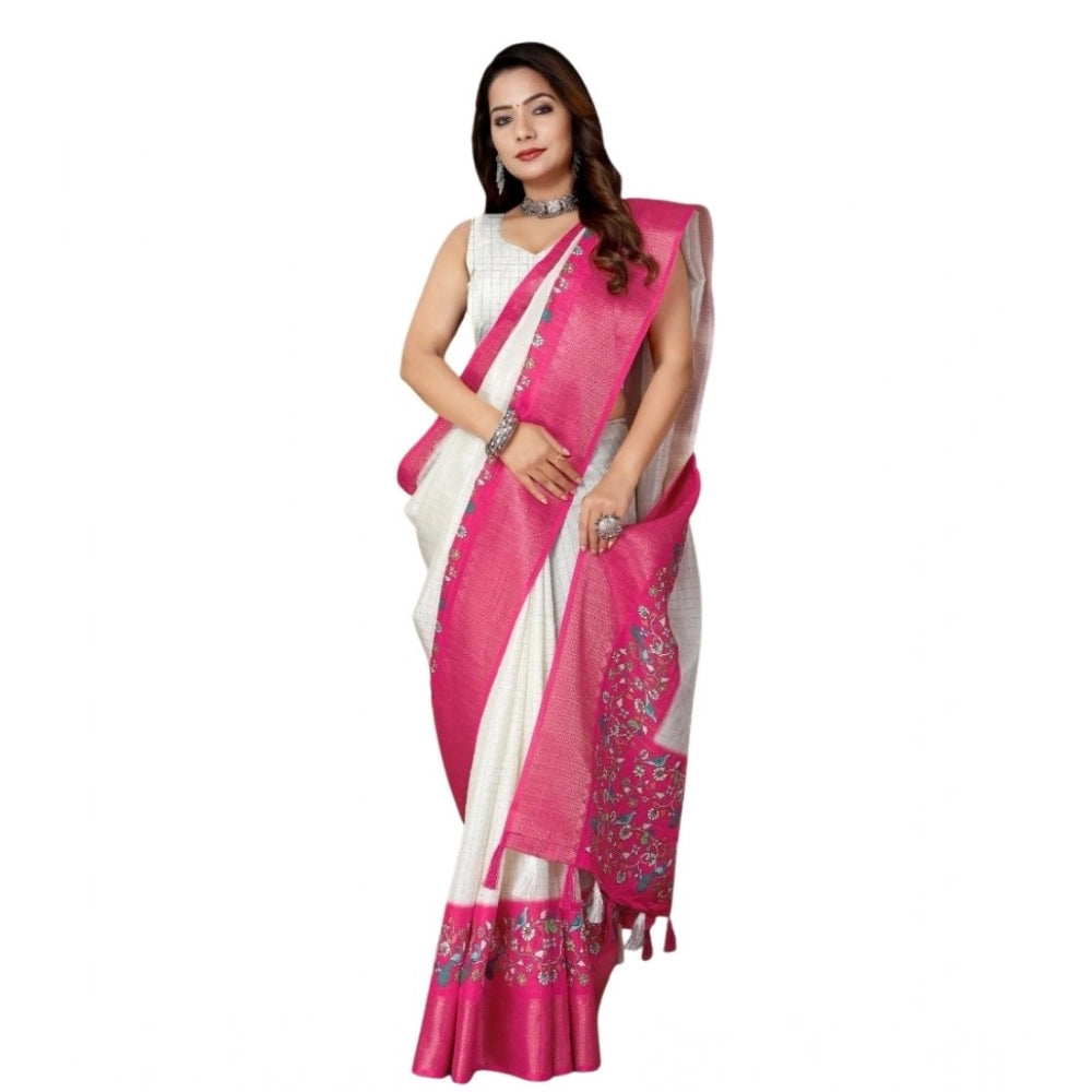 Amfyn Women's Cotton Silk Printed Saree With Unstitched Blouse 5.5Mtr (White-Pink)