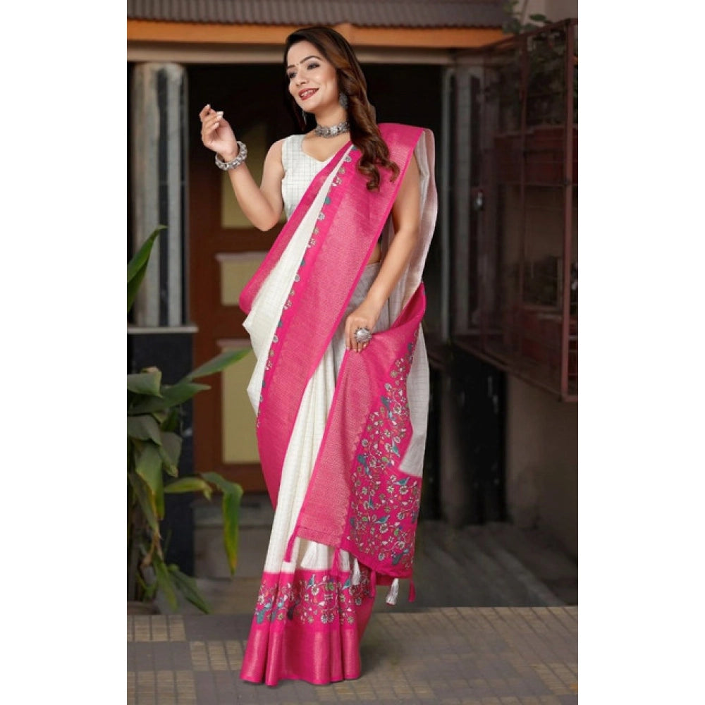 Amfyn Women's Cotton Silk Printed Saree With Unstitched Blouse 5.5Mtr (White-Pink)