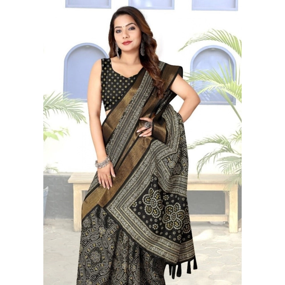 Amfyn Women's Cotton Silk Printed Saree With Unstitched Blouse 5.5Mtr (Black)