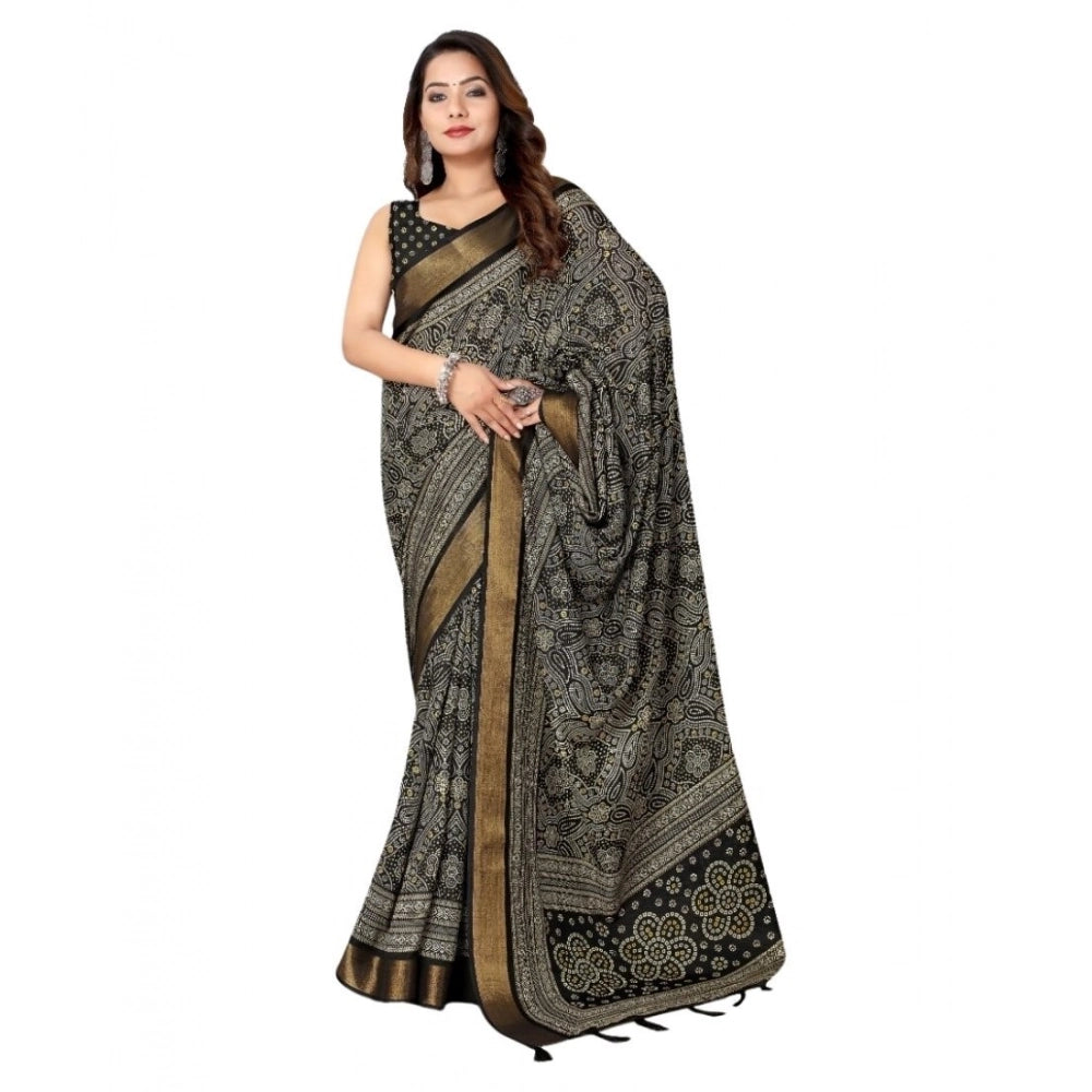 Amfyn Women's Cotton Silk Printed Saree With Unstitched Blouse 5.5Mtr (Black)