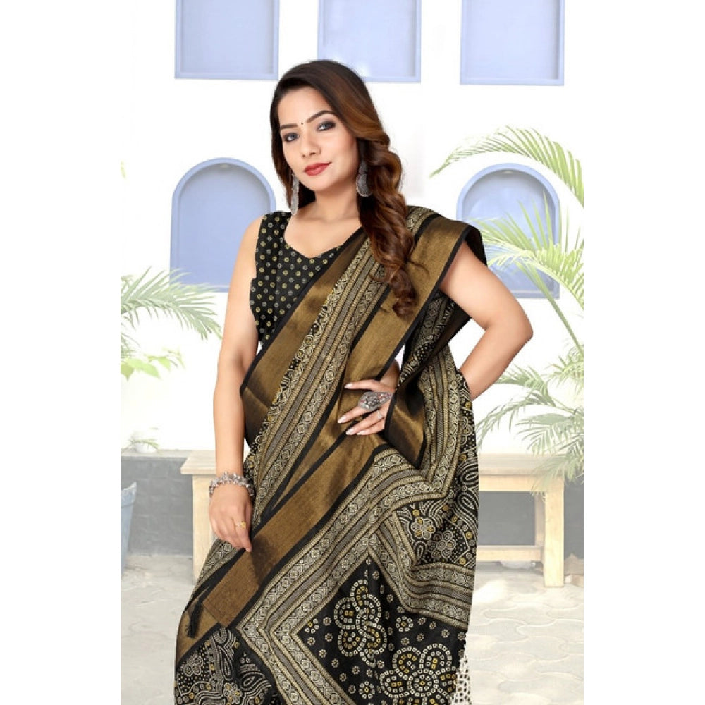 Amfyn Women's Cotton Silk Printed Saree With Unstitched Blouse 5.5Mtr (Black)