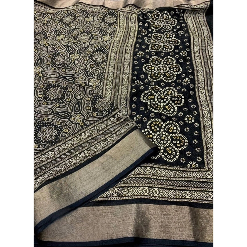 Amfyn Women's Cotton Silk Printed Saree With Unstitched Blouse 5.5Mtr (Black)