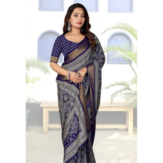 Amfyn Women's Cotton Silk Printed Saree With Unstitched Blouse 5.5Mtr (Blue)