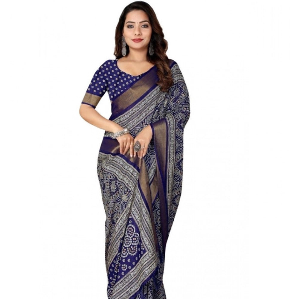 Amfyn Women's Cotton Silk Printed Saree With Unstitched Blouse 5.5Mtr (Blue)