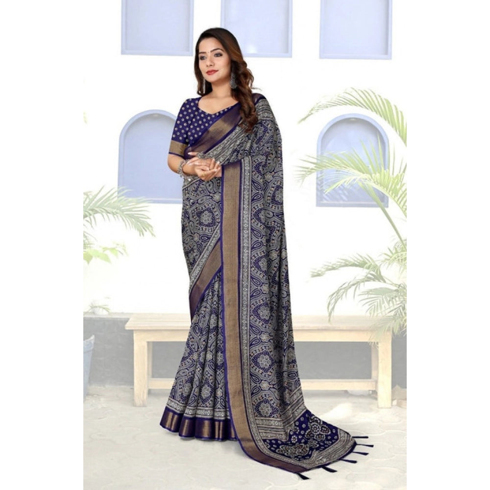 Amfyn Women's Cotton Silk Printed Saree With Unstitched Blouse 5.5Mtr (Blue)