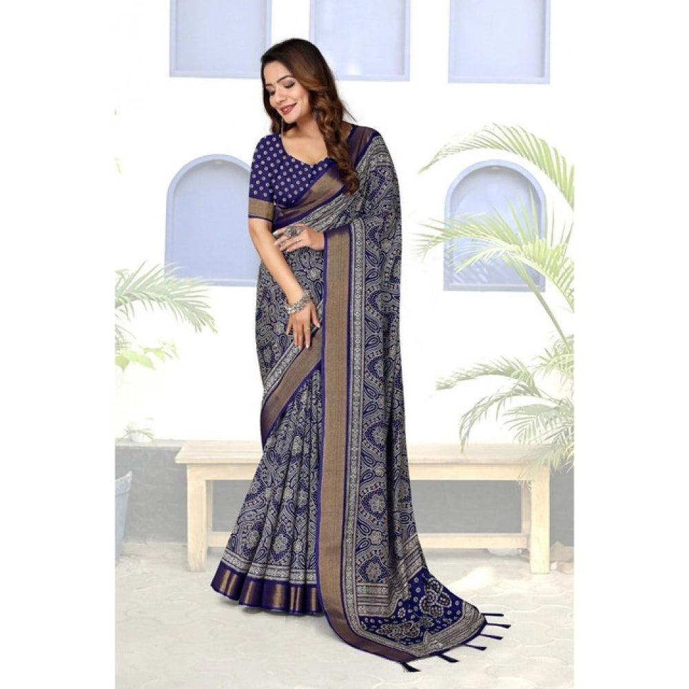 Amfyn Women's Cotton Silk Printed Saree With Unstitched Blouse 5.5Mtr (Blue)