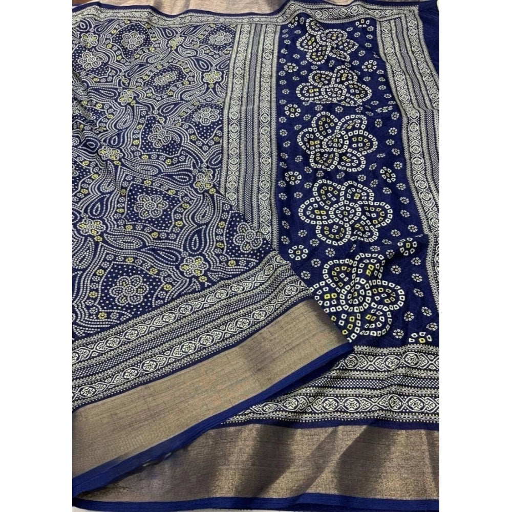 Amfyn Women's Cotton Silk Printed Saree With Unstitched Blouse 5.5Mtr (Blue)