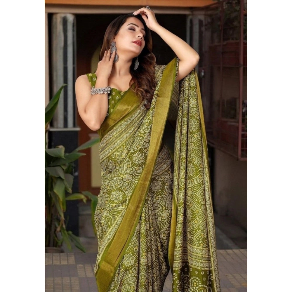 Amfyn Women's Cotton Silk Printed Saree With Unstitched Blouse 5.5Mtr (Green)
