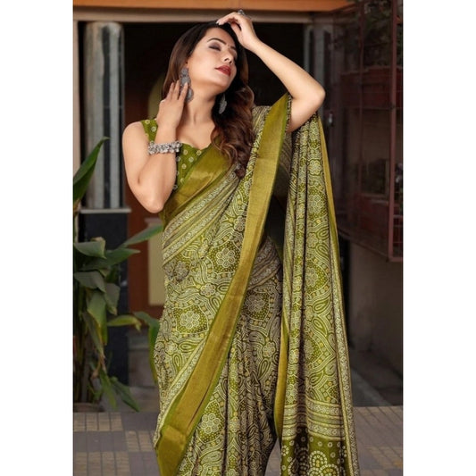Amfyn Women's Cotton Silk Printed Saree With Unstitched Blouse 5.5Mtr (Green)