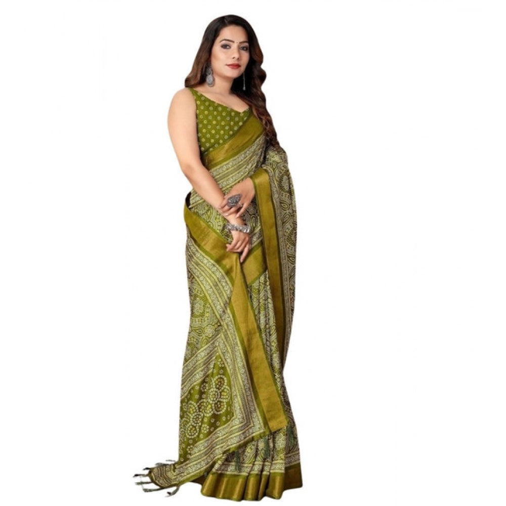 Amfyn Women's Cotton Silk Printed Saree With Unstitched Blouse 5.5Mtr (Green)