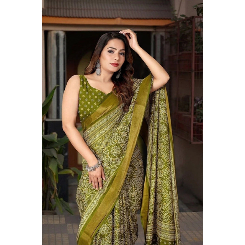 Amfyn Women's Cotton Silk Printed Saree With Unstitched Blouse 5.5Mtr (Green)