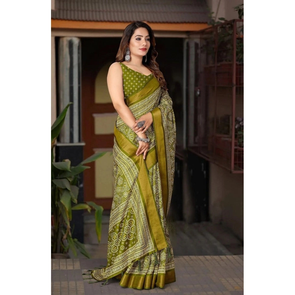 Amfyn Women's Cotton Silk Printed Saree With Unstitched Blouse 5.5Mtr (Green)