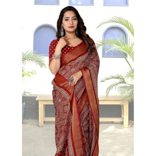 Amfyn Women's Cotton Silk Printed Saree With Unstitched Blouse 5.5Mtr (Maroon)