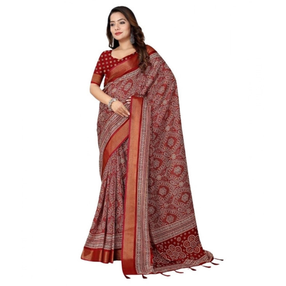 Amfyn Women's Cotton Silk Printed Saree With Unstitched Blouse 5.5Mtr (Maroon)