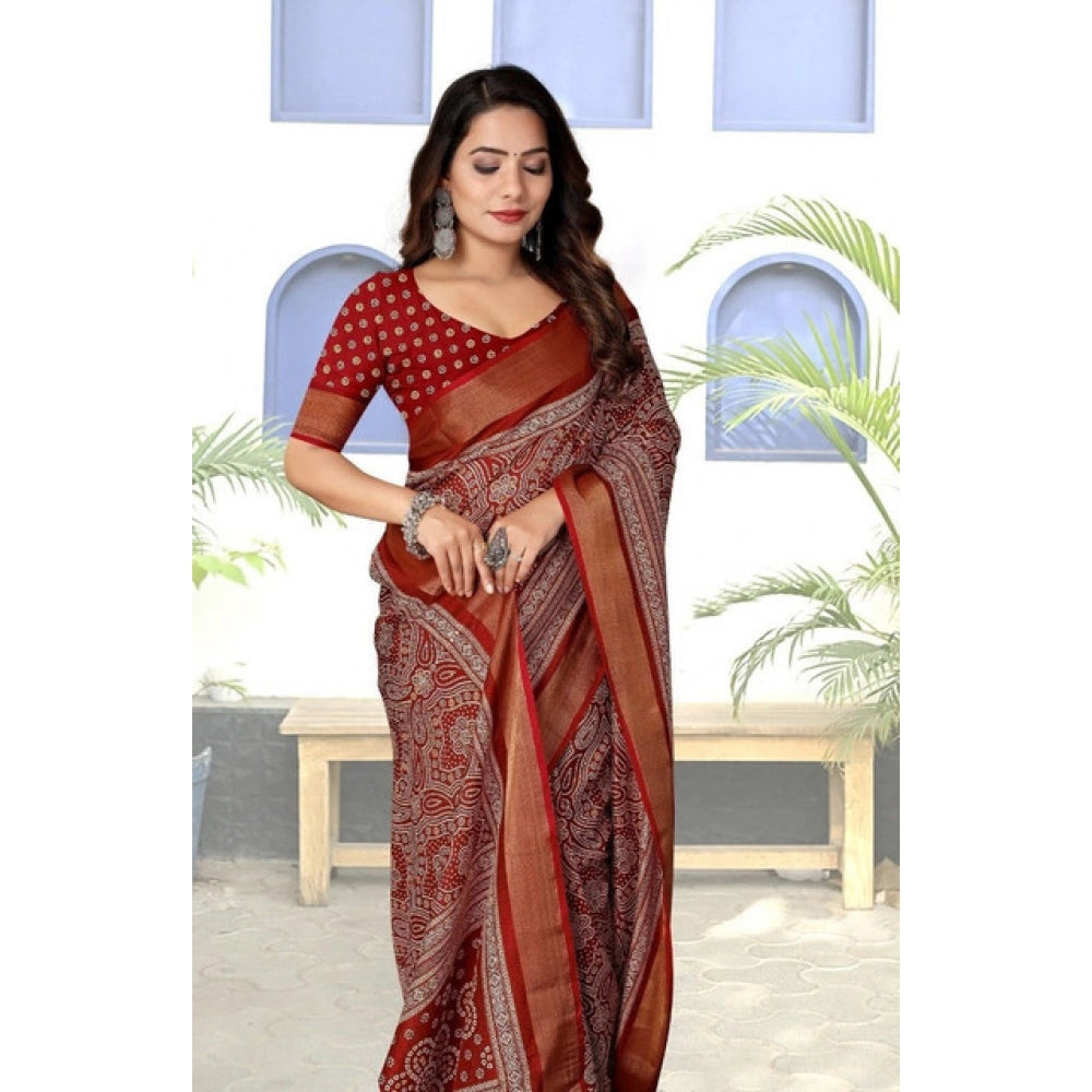 Amfyn Women's Cotton Silk Printed Saree With Unstitched Blouse 5.5Mtr (Maroon)