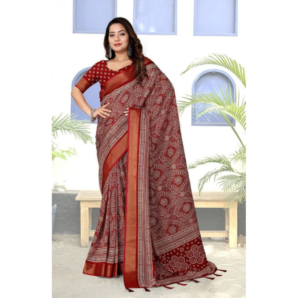 Amfyn Women's Cotton Silk Printed Saree With Unstitched Blouse 5.5Mtr (Maroon)