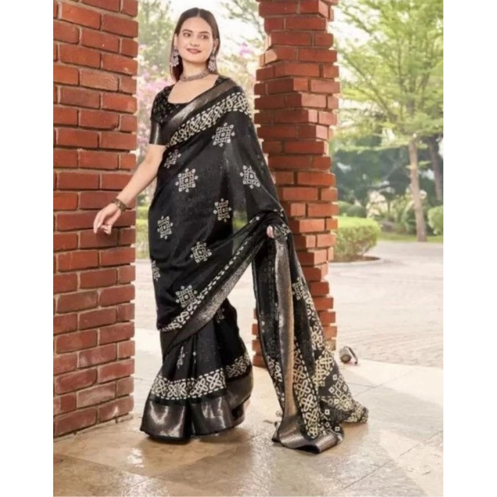 Amfyn Women's Cotton Silk Printed Saree With Unstitched Blouse 5.5Mtr (Black)