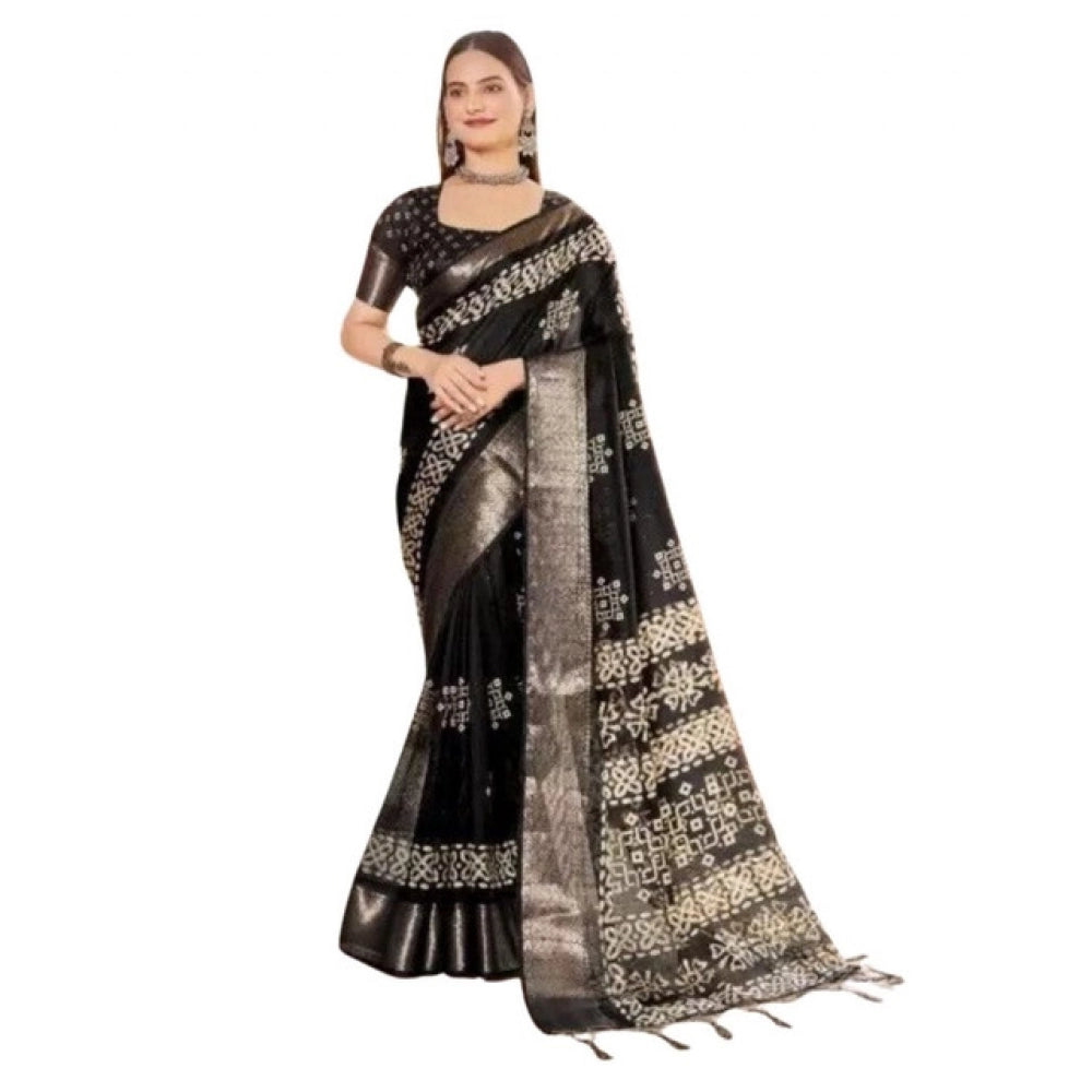 Amfyn Women's Cotton Silk Printed Saree With Unstitched Blouse 5.5Mtr (Black)