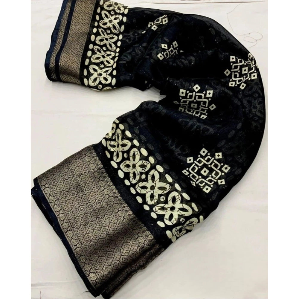 Amfyn Women's Cotton Silk Printed Saree With Unstitched Blouse 5.5Mtr (Black)