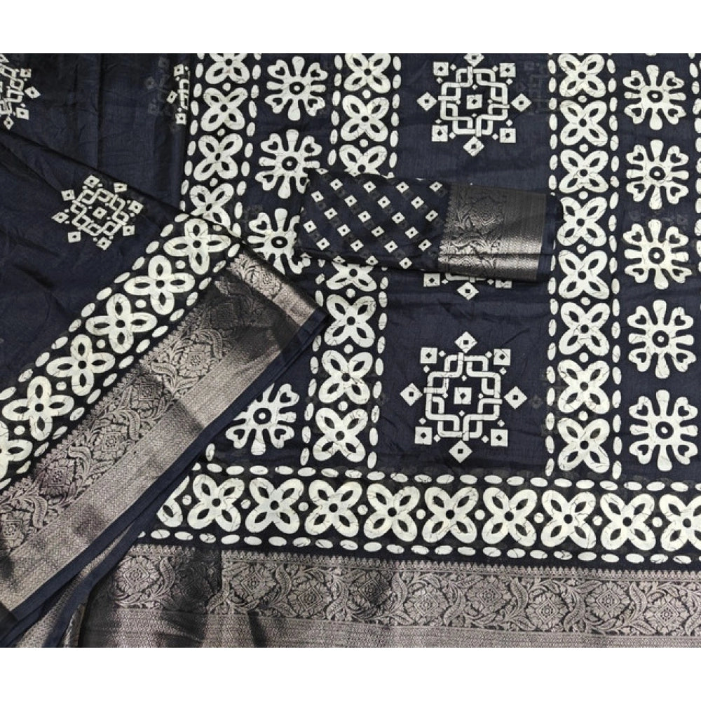 Amfyn Women's Cotton Silk Printed Saree With Unstitched Blouse 5.5Mtr (Black)