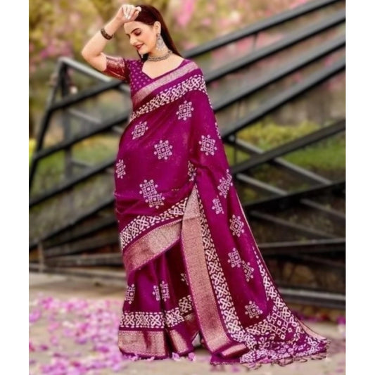 Amfyn Women's Cotton Silk Printed Saree With Unstitched Blouse 5.5Mtr (Wine)