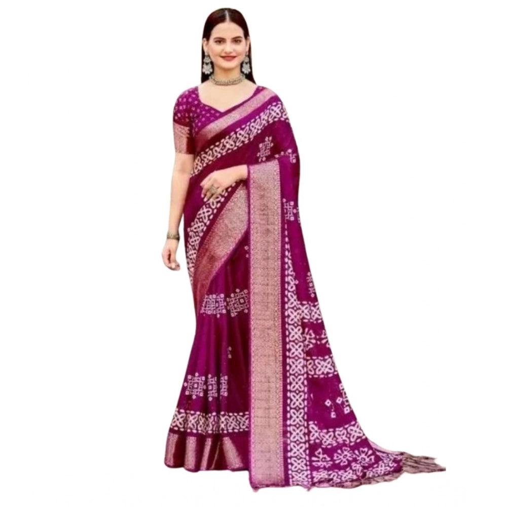 Amfyn Women's Cotton Silk Printed Saree With Unstitched Blouse 5.5Mtr (Wine)