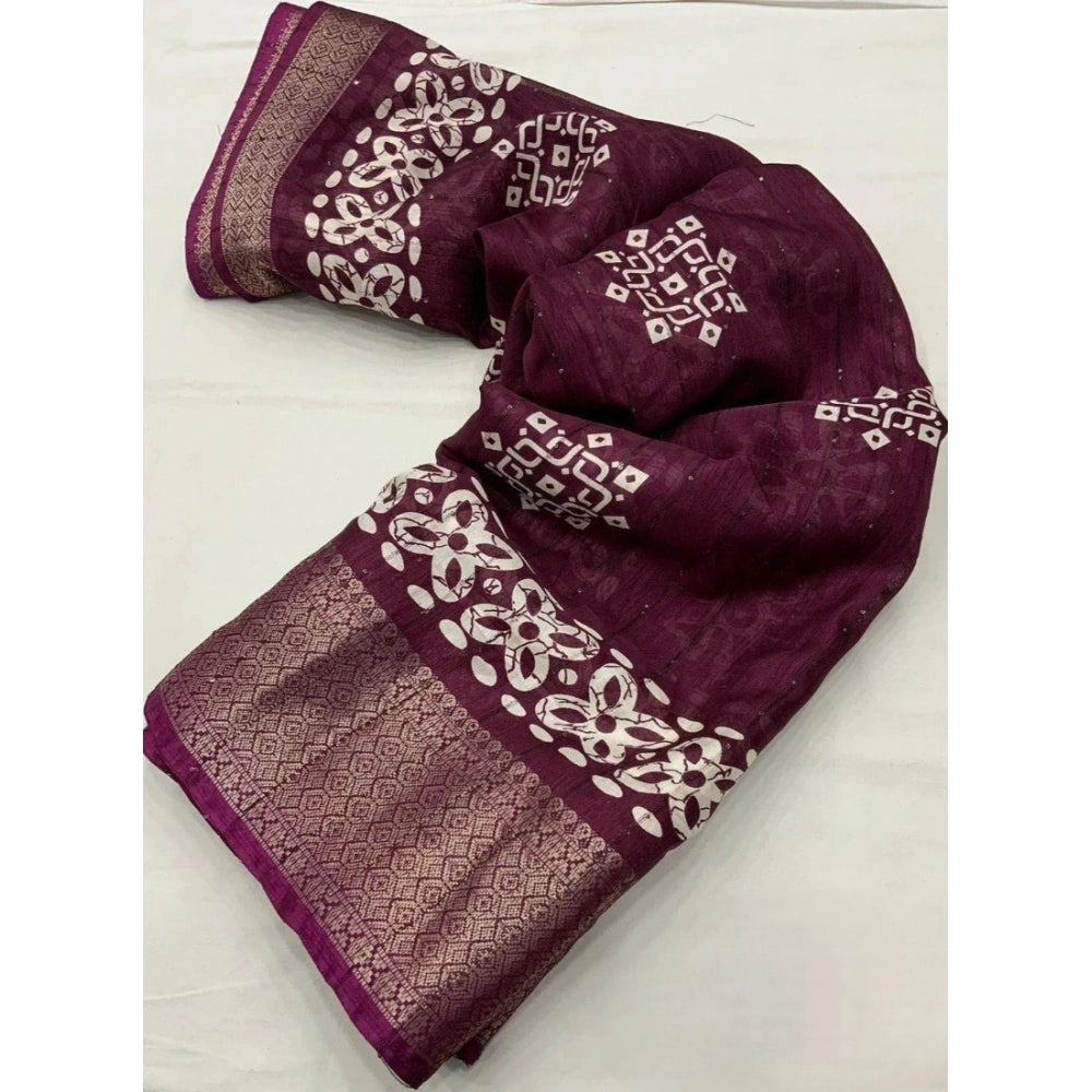 Amfyn Women's Cotton Silk Printed Saree With Unstitched Blouse 5.5Mtr (Wine)