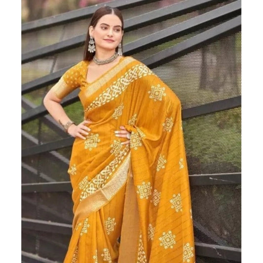 Amfyn Women's Cotton Silk Printed Saree With Unstitched Blouse 5.5Mtr (Yellow)