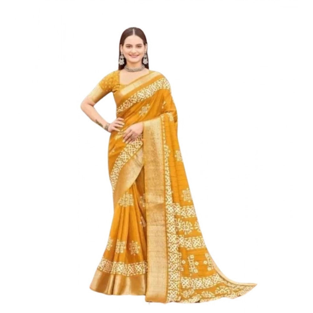 Amfyn Women's Cotton Silk Printed Saree With Unstitched Blouse 5.5Mtr (Yellow)