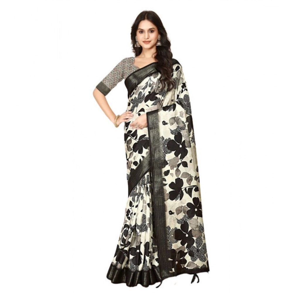Amfyn Women's Cotton Silk Floral Printed Saree With Unstitched Blouse 5.5Mtr (Multicolor)