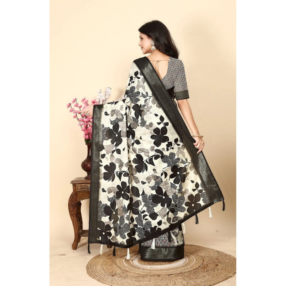 Amfyn Women's Cotton Silk Floral Printed Saree With Unstitched Blouse 5.5Mtr (Multicolor)