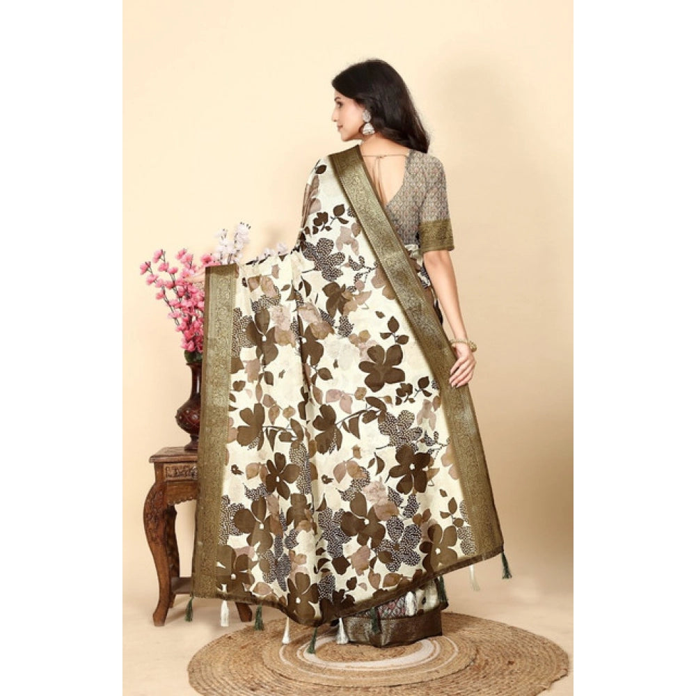 Amfyn Women's Cotton Silk Floral Printed Saree With Unstitched Blouse 5.5Mtr (Multicolor)