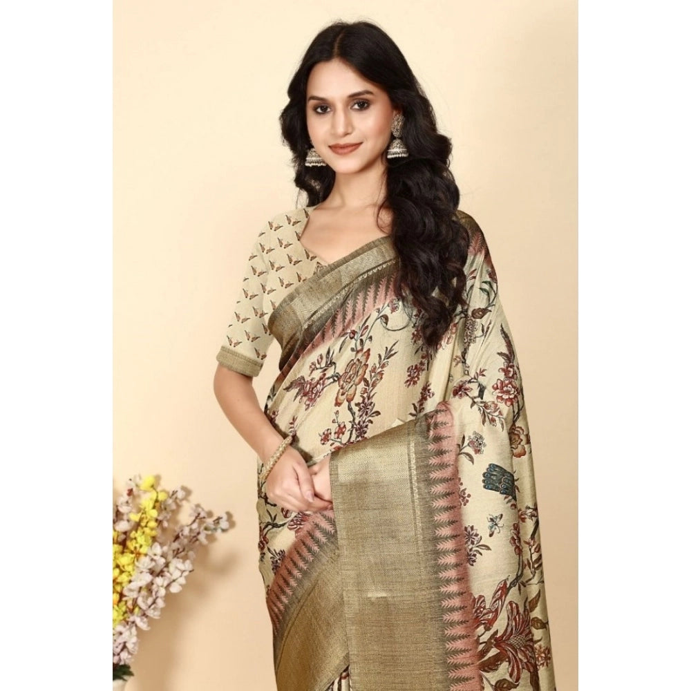 Amfyn Women's Cotton Silk Printed Saree With Unstitched Blouse 5.5Mtr (Cream)