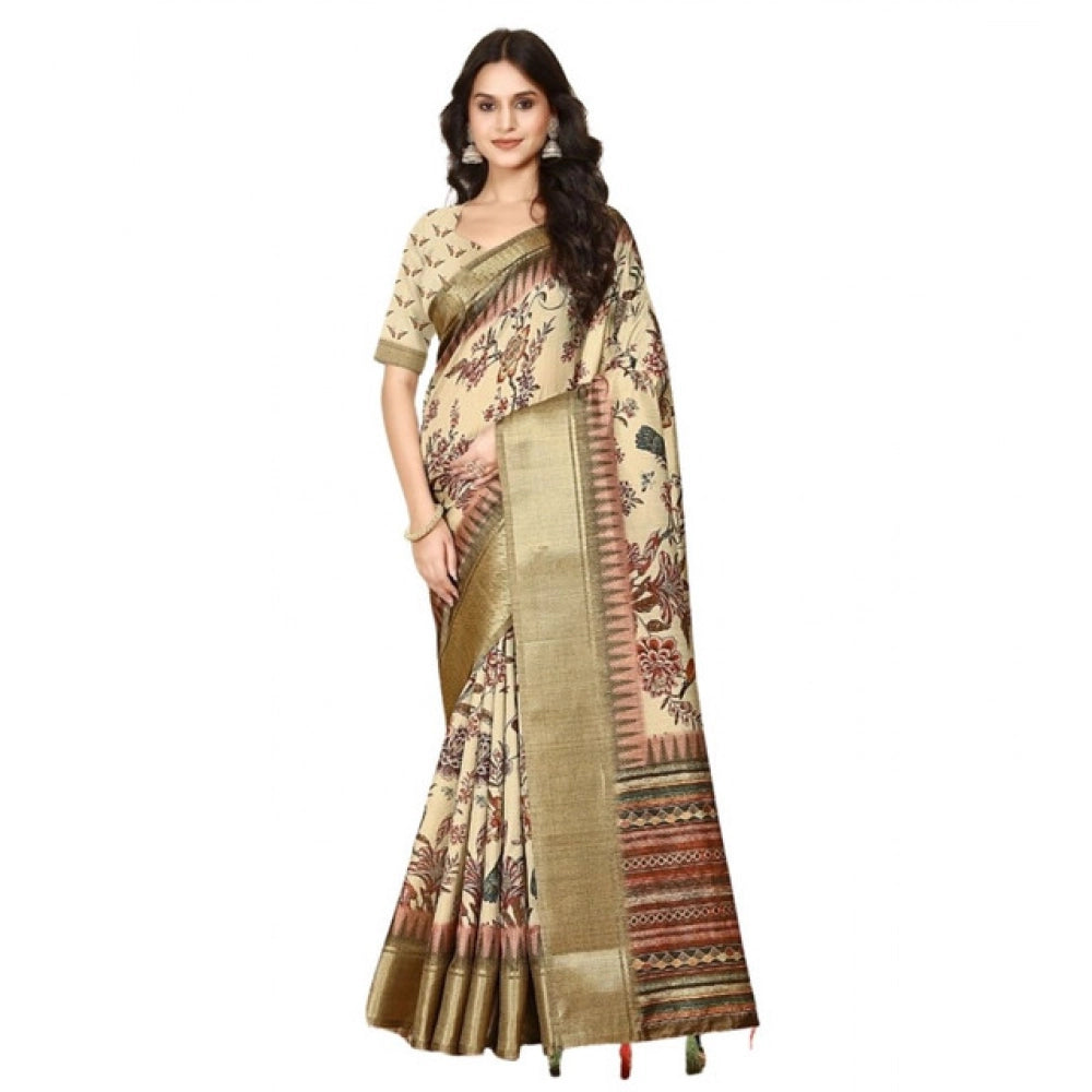 Amfyn Women's Cotton Silk Printed Saree With Unstitched Blouse 5.5Mtr (Cream)