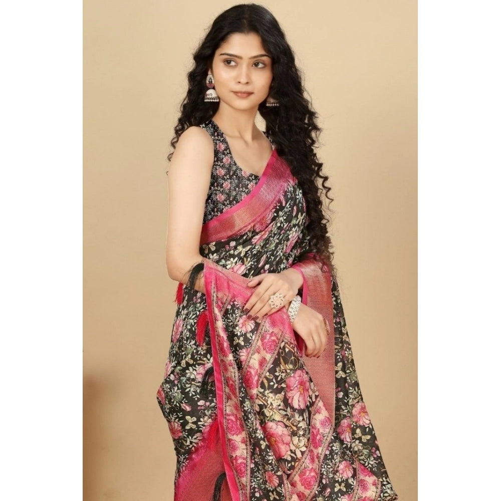 Amfyn Women's Cotton Silk Floral Printed Saree With Unstitched Blouse 5.5Mtr (Black)