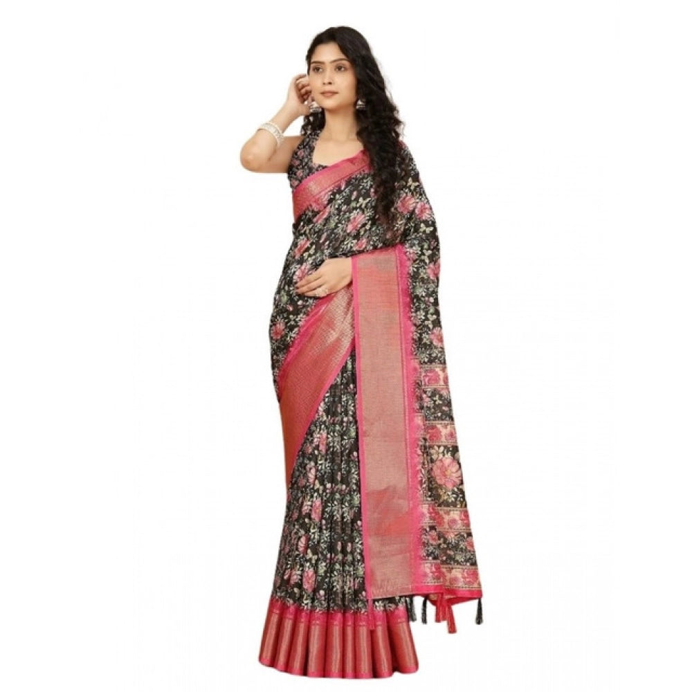 Amfyn Women's Cotton Silk Floral Printed Saree With Unstitched Blouse 5.5Mtr (Black)