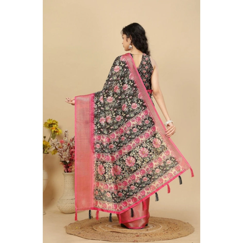 Amfyn Women's Cotton Silk Floral Printed Saree With Unstitched Blouse 5.5Mtr (Black)