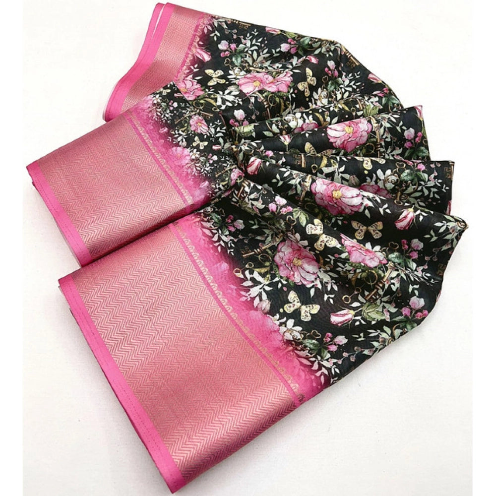 Amfyn Women's Cotton Silk Floral Printed Saree With Unstitched Blouse 5.5Mtr (Black)