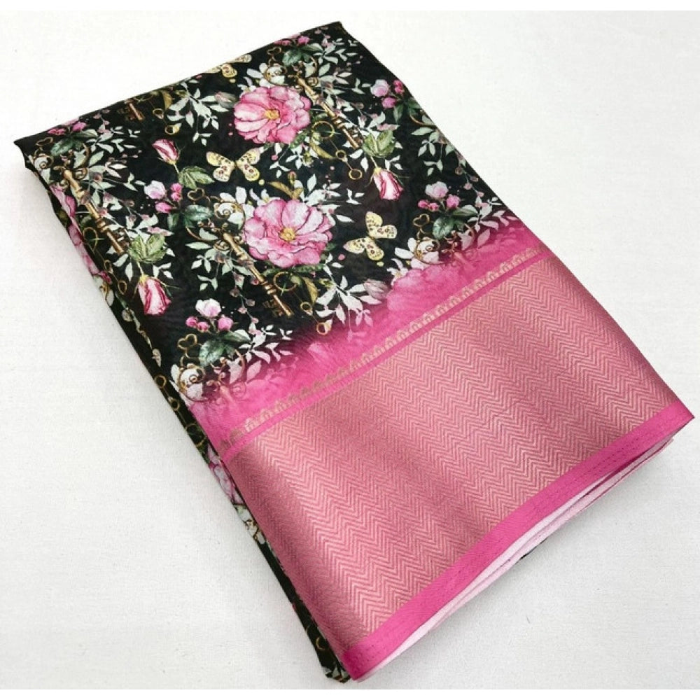 Amfyn Women's Cotton Silk Floral Printed Saree With Unstitched Blouse 5.5Mtr (Black)