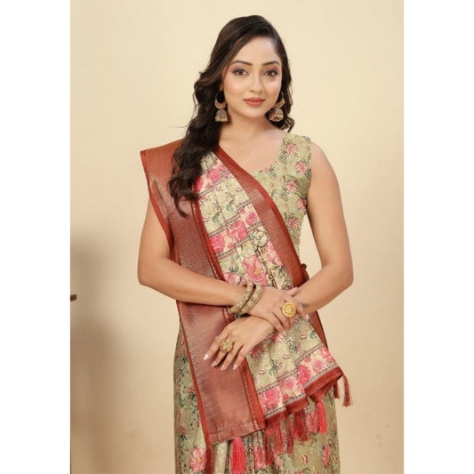 Amfyn Women's Cotton Silk Floral Printed Saree With Unstitched Blouse 5.5Mtr (Gold)