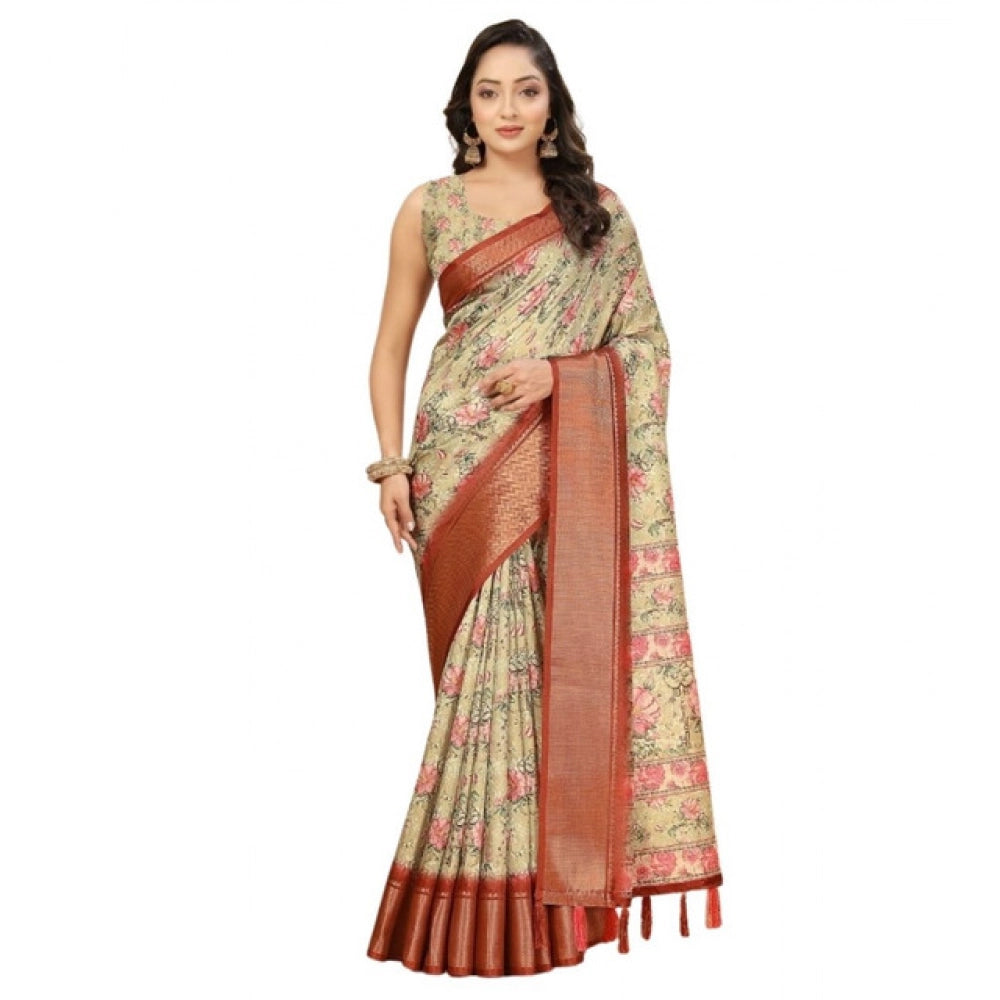 Amfyn Women's Cotton Silk Floral Printed Saree With Unstitched Blouse 5.5Mtr (Gold)