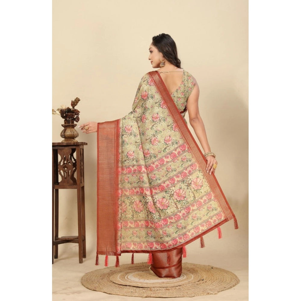 Amfyn Women's Cotton Silk Floral Printed Saree With Unstitched Blouse 5.5Mtr (Gold)
