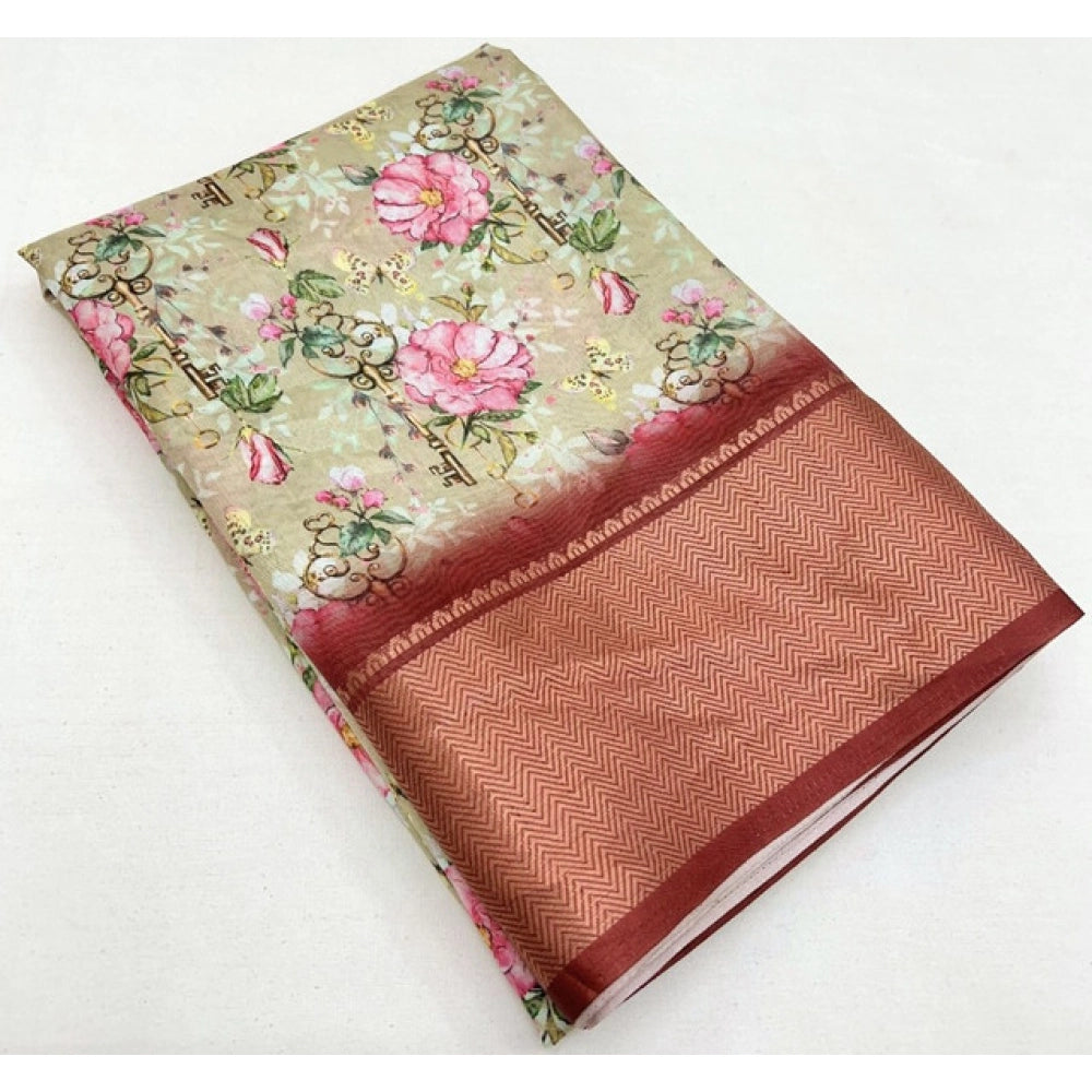 Amfyn Women's Cotton Silk Floral Printed Saree With Unstitched Blouse 5.5Mtr (Gold)