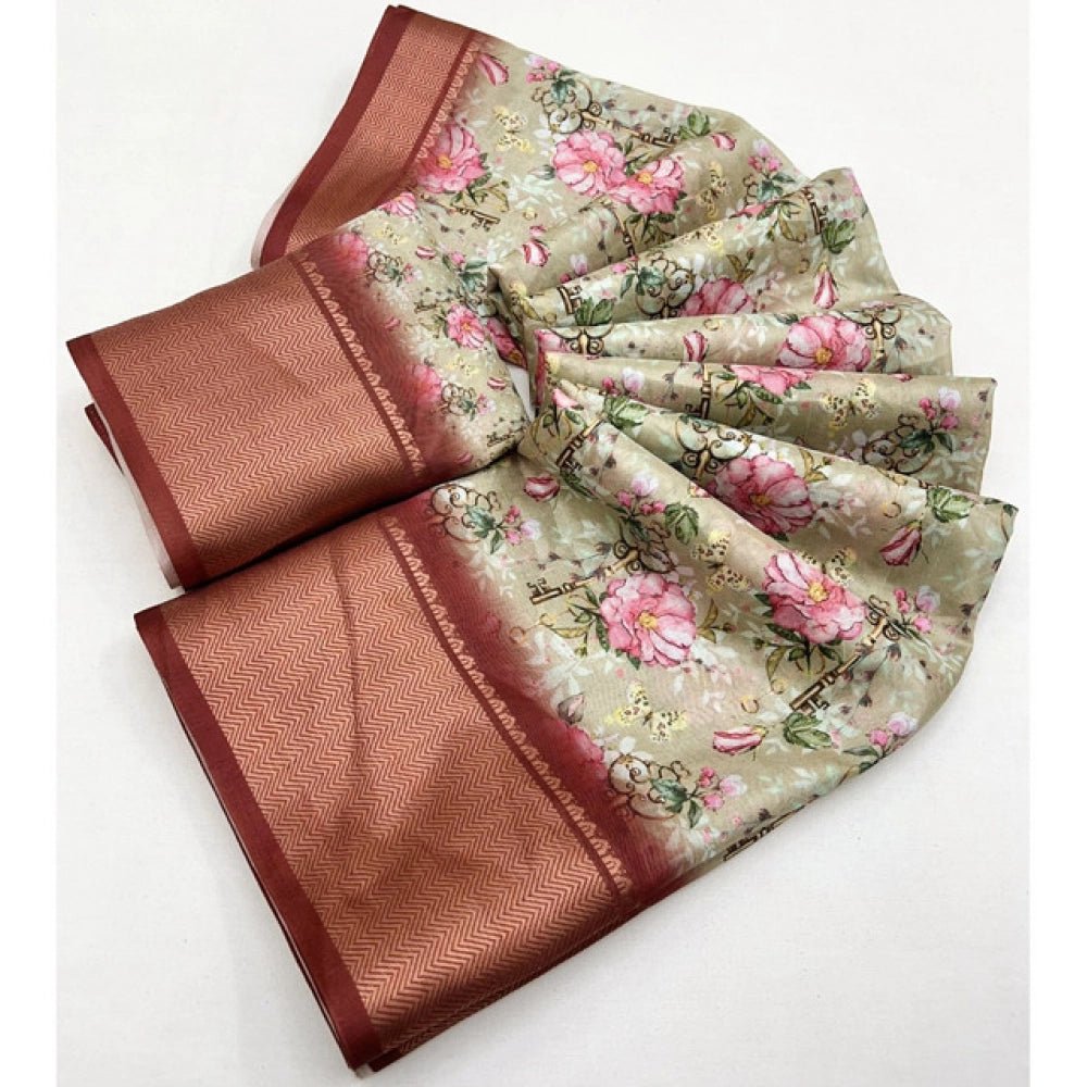 Amfyn Women's Cotton Silk Floral Printed Saree With Unstitched Blouse 5.5Mtr (Gold)