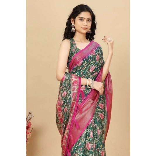 Amfyn Women's Cotton Silk Floral Printed Saree With Unstitched Blouse 5.5Mtr (Green)
