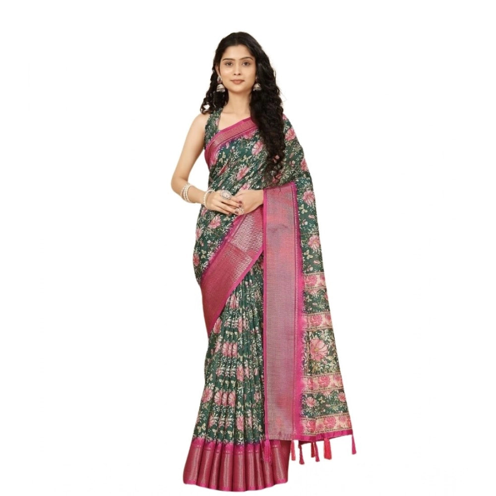 Amfyn Women's Cotton Silk Floral Printed Saree With Unstitched Blouse 5.5Mtr (Green)