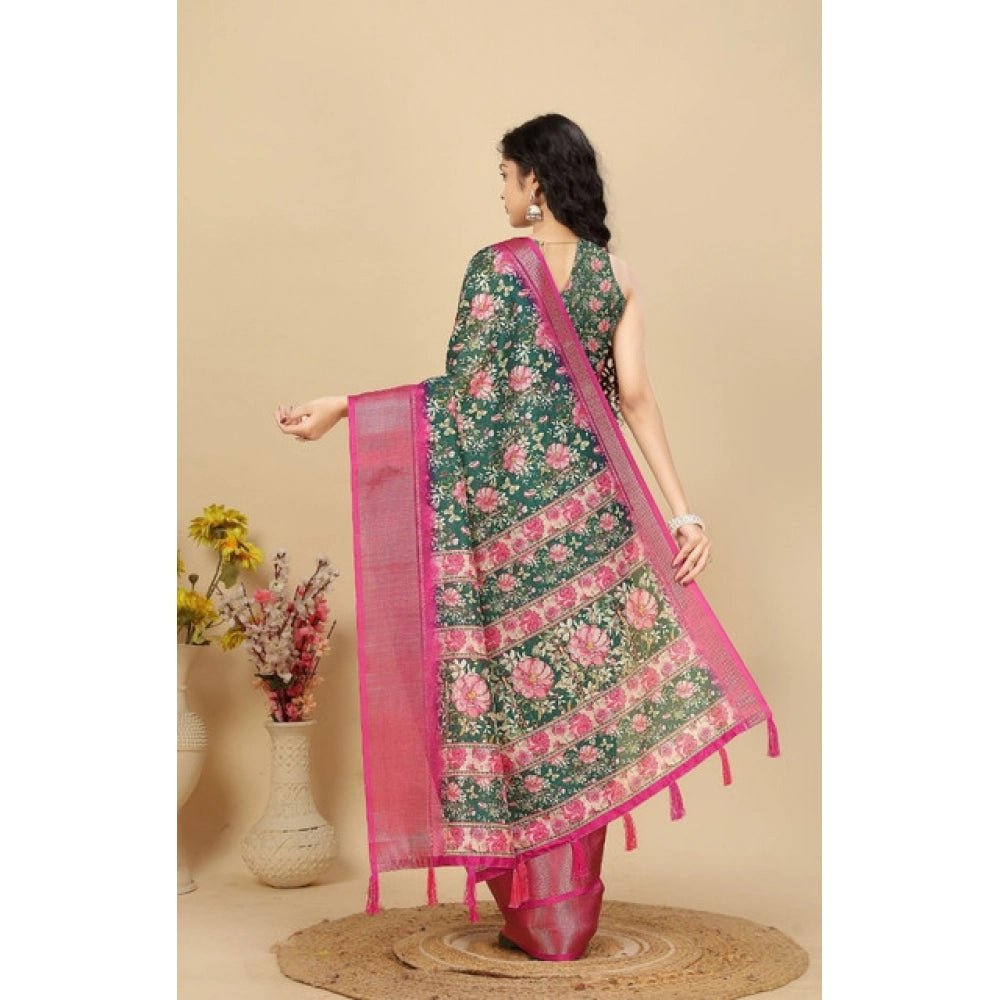 Amfyn Women's Cotton Silk Floral Printed Saree With Unstitched Blouse 5.5Mtr (Green)