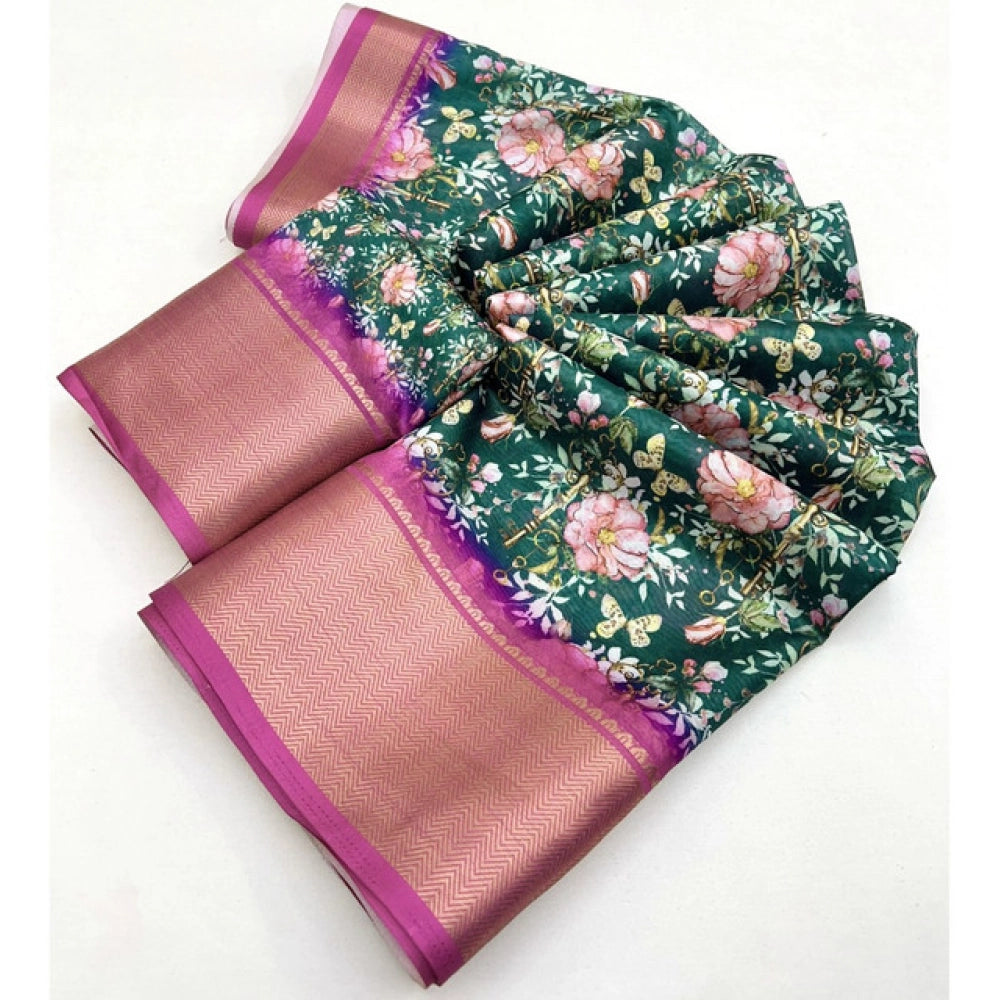 Amfyn Women's Cotton Silk Floral Printed Saree With Unstitched Blouse 5.5Mtr (Green)