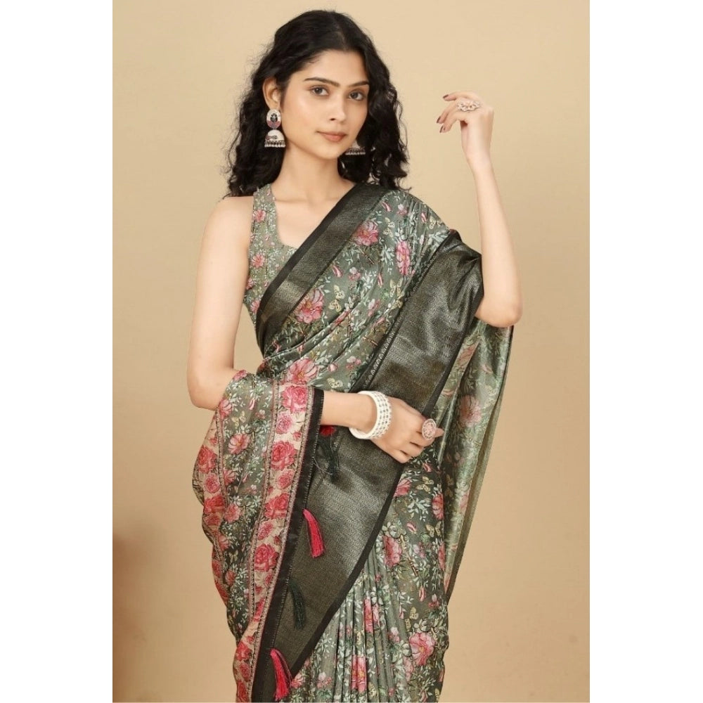 Amfyn Women's Cotton Silk Floral Printed Saree With Unstitched Blouse 5.5Mtr (Grey)